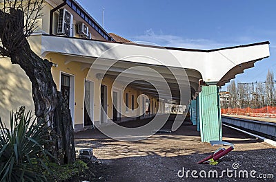 Exit to the railway lines of the old station Poduyane, built in 1930 under renovation Editorial Stock Photo