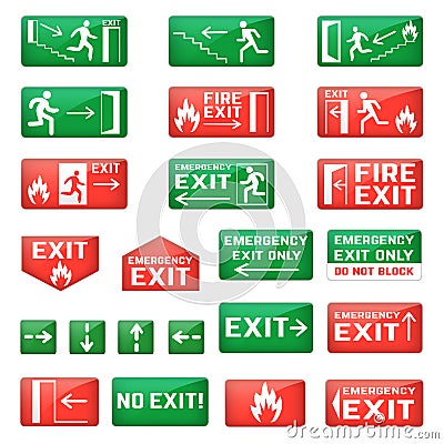 Exit vector emergency exit sign and fire escape point with green arrows for safety evacuation and exited in dander Vector Illustration
