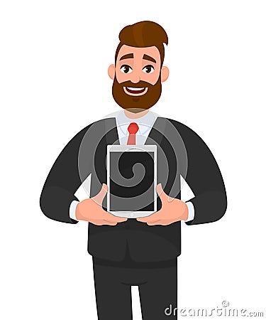 Exited young bearded business man showing/holding blank screen of new digital tablet computer in hands. Modern, latest trend. Vector Illustration