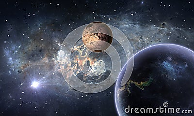 Exoplanets or Extrasolar planets with stars on background nebula Cartoon Illustration