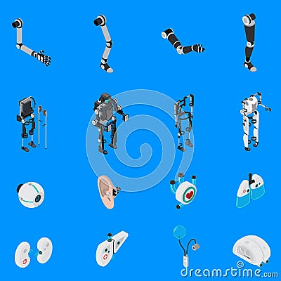 Exoskeleton Bionic Prosthetics Icons Set Vector Illustration