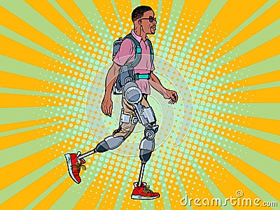 Exoskeleton for the disabled. african man legless veteran walks. rehabilitation treatment recovery. science and Vector Illustration