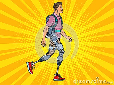 Exoskeleton for the disabled. A man legless veteran walks. rehabilitation treatment recovery. science and technology Vector Illustration