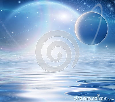 Exosolar Planets Rise over waters Stock Photo