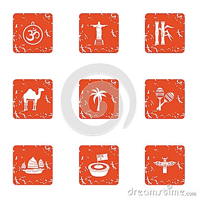 Exotic asia icons set, grunge style Vector Illustration