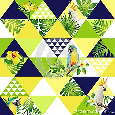 Exotic beach trendy seamless pattern, patchwork illustrated floral tropical banana leaves. Jungle cockatoo, parrot Wallpape Vector Illustration