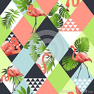 Exotic beach trendy seamless pattern, patchwork illustrated floral tropical banana leaves. Jungle pink flamingos Wallpaper Vector Illustration