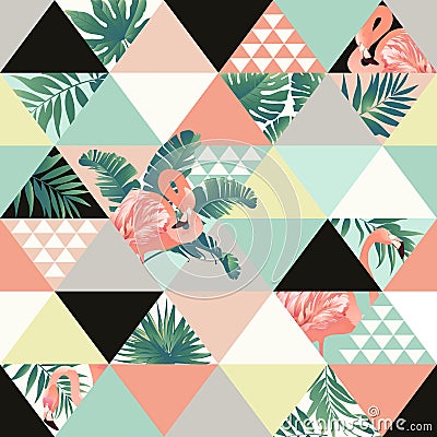 Exotic beach trendy seamless pattern, patchwork illustrated floral tropical banana leaves. Jungle pink flamingos Wallpaper Vector Illustration