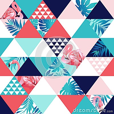 Exotic beach trendy seamless pattern, patchwork illustrated floral tropical banana leaves. Vector Illustration