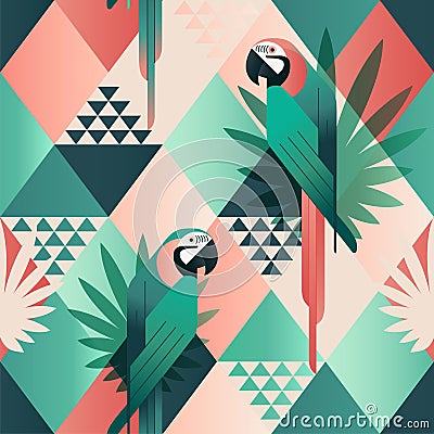 Exotic beach trendy seamless pattern, patchwork illustrated floral tropical leaves. Jungle red and green parrots. Wallpaper Vector Illustration