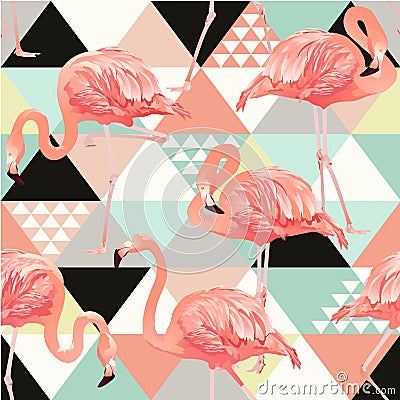 Exotic beach trendy seamless pattern, patchwork illustrated floral vector tropical banana leaves. Jungle pink flamingos Vector Illustration