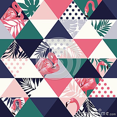 Exotic beach trendy seamless pattern, patchwork illustrated floral vector tropical banana leaves. Jungle pink flamingos Vector Illustration