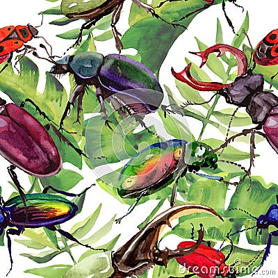 Exotic beetles wild insect pattern in a watercolor style. Stock Photo