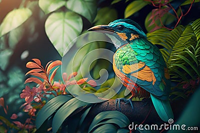 Exotic bird in tropical forest, bright animal in jungle close-up, generative AI Stock Photo