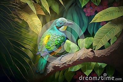 Exotic bird in tropical forest, bright animal in jungle close-up, generative AI Stock Photo