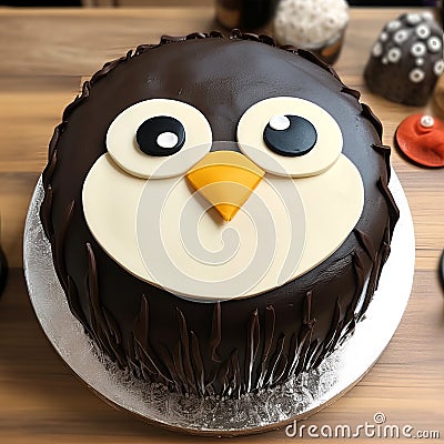 Exotic Birds Chocolate Cake With Penguin Design Stock Photo