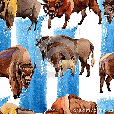 Exotic bison wild animal pattern in a watercolor style. Stock Photo