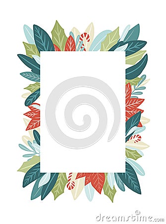 Exotic blue, green, teal, navy and red leaves frame with lollipop candy. Christmas tropical leaf border. Winter holiday Stock Photo