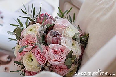 Exotic bouquet of rose and white flowers on a white background. Background for wedding invitations Stock Photo
