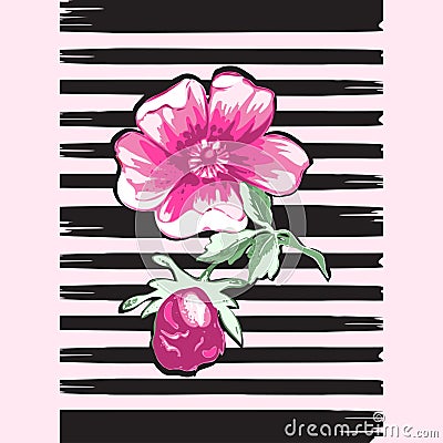 Exotic branch botanical tropical flowers roses print stripes pat Vector Illustration