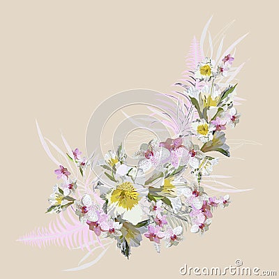 Exotic, bright isolated bouquet with white and pink flowers of lilies and orchids. Vector with elements of tropical Vector Illustration