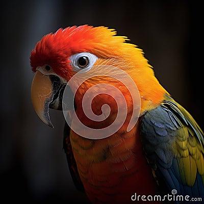 Exotic, brightly colored parrot isolated on a dark backdrop. Ai-generated. Stock Photo