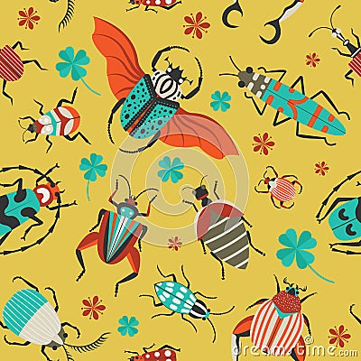 Unusual Bugs and Exotic Beetles Seamless Pattern Vector Illustration