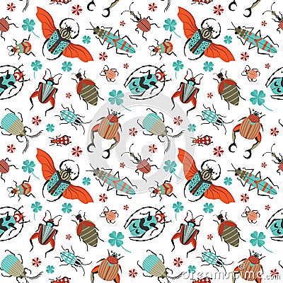 Unusual Bugs and Exotic Beetles Seamless Pattern Vector Illustration