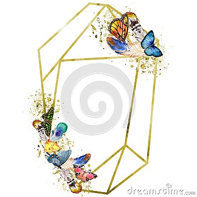 Exotic butterflies wild insect in a watercolor style. Frame border ornament square. Stock Photo