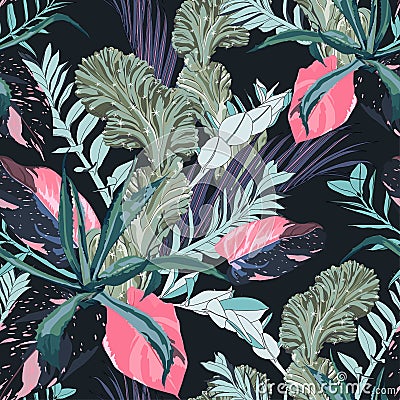 Exotic cacti, pink liana branches, agave and many kinds of plant seamless pattern. Stock Photo