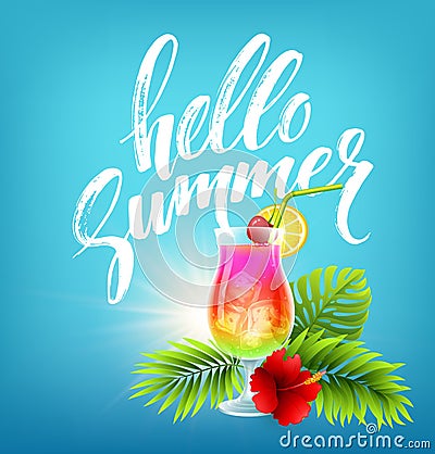 Exotic cocktail and summer greeting on the tropical beach. Vector illustration Vector Illustration