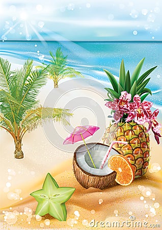 Exotic cocktail on a summer tropical beach Vector Illustration