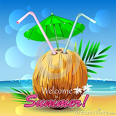 Exotic coconut cocktail on the beach Vector Illustration