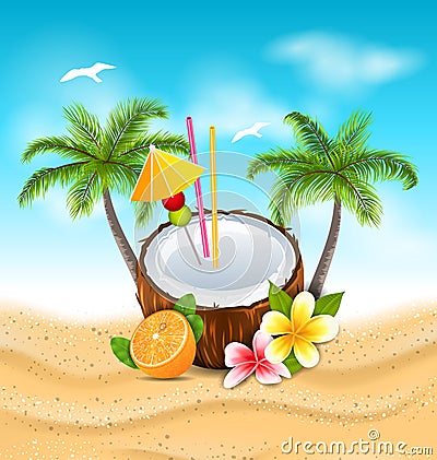 Exotic Coconut Cocktail with Frangipani, Orange and Palm Trees Vector Illustration