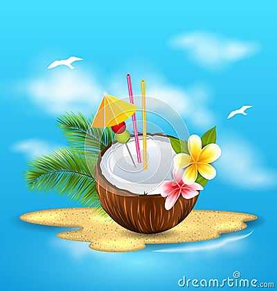 Exotic Coconut Cocktail with Frangipani and Palm Leaves Vector Illustration