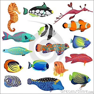 Exotic colorful tropical fish fishes collection set . Vector Illustration