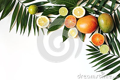 Exotic composition of fresh mango, lemons, oranges, lime fruit and lush green palm and aralia leaves isolated on white Stock Photo