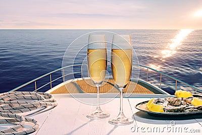 Exotic country voyage. Champagne flutes glasses on deck of luxury cruise ship during honeymoon holidays. Love, travel Stock Photo