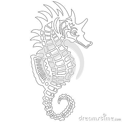 Exotic, decorative fish seahorse, line drawing. Sketch of adult anti-stress coloring book, t-shirt emblem, logo or tattoo Cartoon Illustration