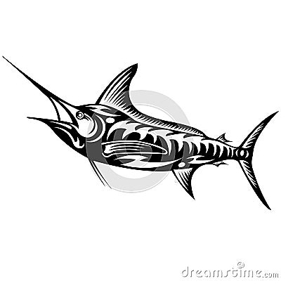 Exotic, decorative fish sword. Emblems for t-shirts, logo or tattoo with scribbles, outline design linear elements Cartoon Illustration