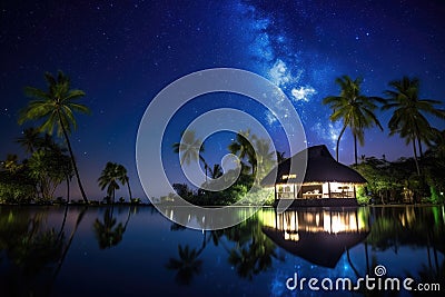 exotic destination with a view of the night sky, stars shining brightly Stock Photo