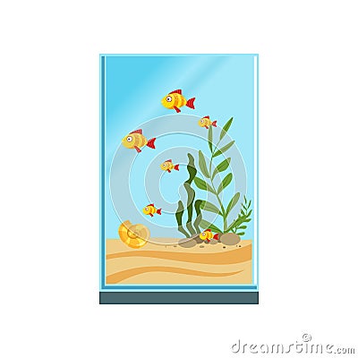 Exotic fishes in tall glass aquarium with sand Vector Illustration