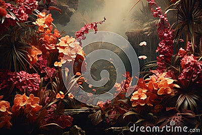 Exotic Flora and Fauna. A Fine Art Painting of Tropical Nature Stock Photo