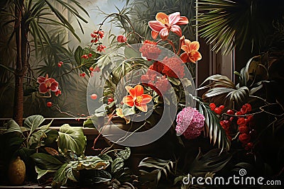 Exotic Flora and Fauna. A Fine Art Painting of Tropical Nature Stock Photo
