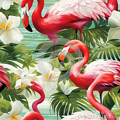 Vibrant Tropical Flowers, Lush Plants, Leafy Greens, and Graceful Flamingos. Seamless Pattern Stock Photo