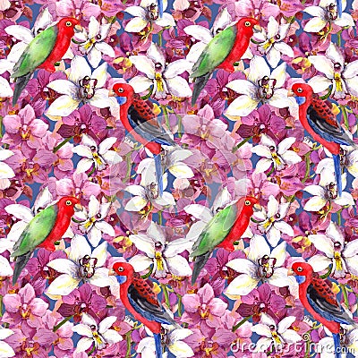Exotic floral pattern - parrot bird, blooming orchid flowers Stock Photo