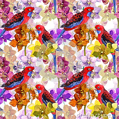 Exotic floral pattern - parrot bird, blooming orchid flowers Stock Photo