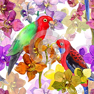 Exotic floral pattern - parrot bird, blooming orchid flowers Stock Photo