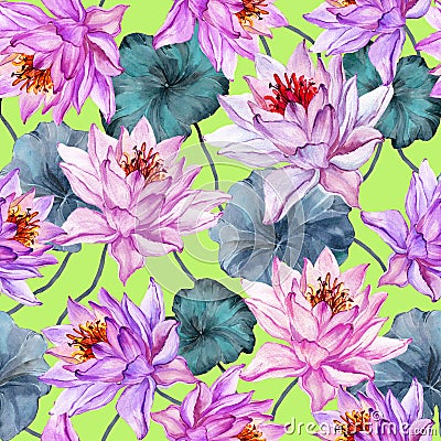 Exotic floral seamless pattern. Large pink lotus flowers with stems and leaves on bright green background. Hand drawn illustration Cartoon Illustration