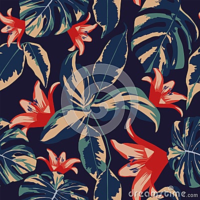 Flowers and leaves seamless dark blue background Vector Illustration